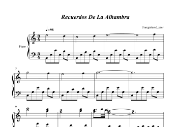 Recuerdos de la Alhambra-阿尔罕布拉宫的回忆-五线谱、简谱